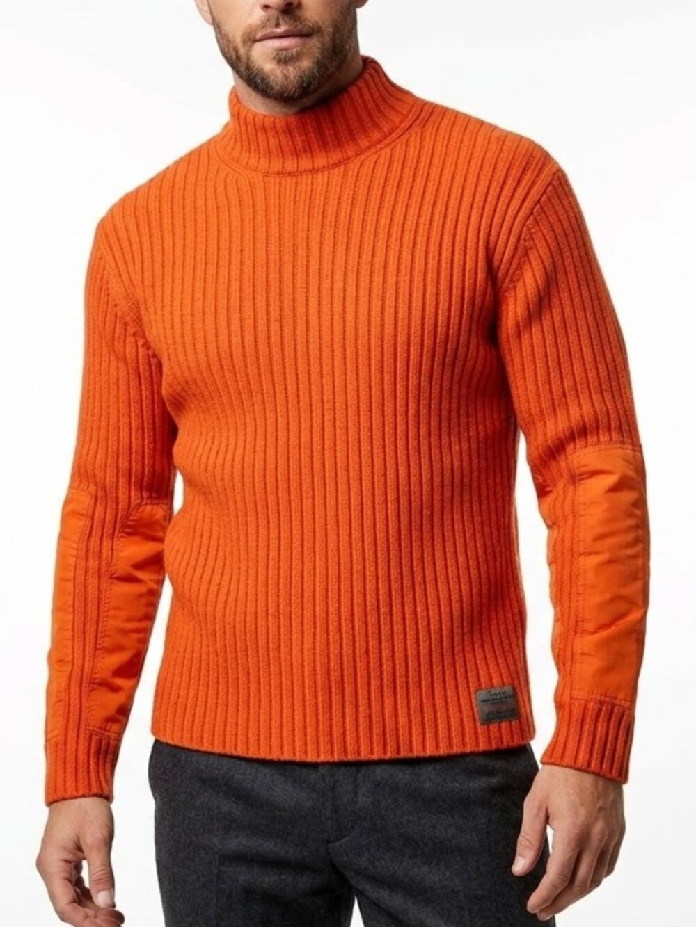 American Eagle Gorpcore Ribbed Mock Neck Sweater Orange Canvas Elbow Patch XL
